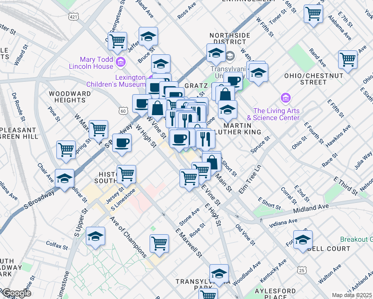 map of restaurants, bars, coffee shops, grocery stores, and more near 100 East Main Street in Lexington