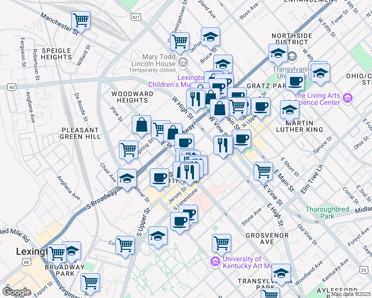 map of restaurants, bars, coffee shops, grocery stores, and more near 359 South Mill Street in Lexington