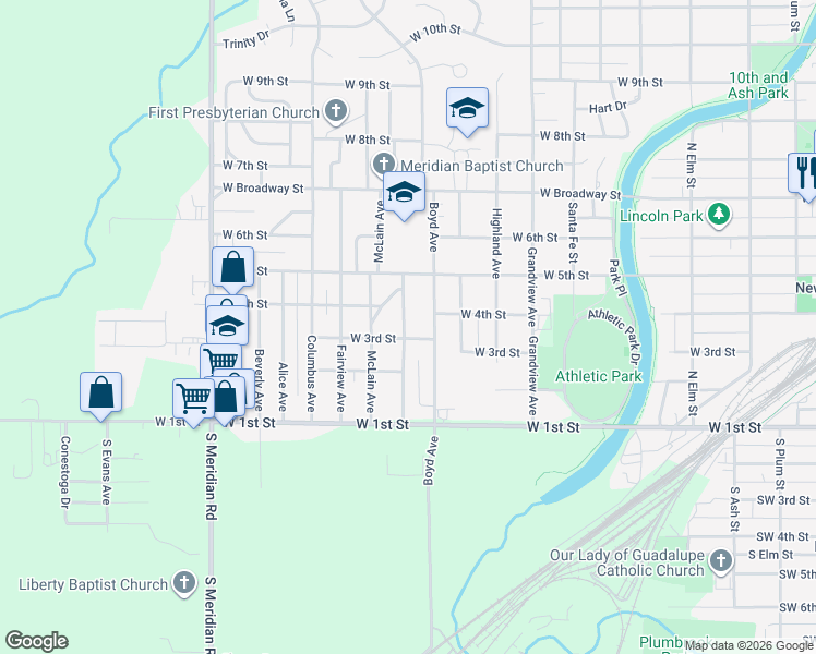 map of restaurants, bars, coffee shops, grocery stores, and more near 301 Boyd Avenue in Newton