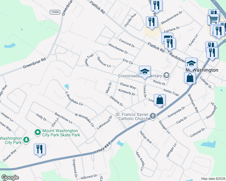 map of restaurants, bars, coffee shops, grocery stores, and more near 167 Emily Drive in Mount Washington