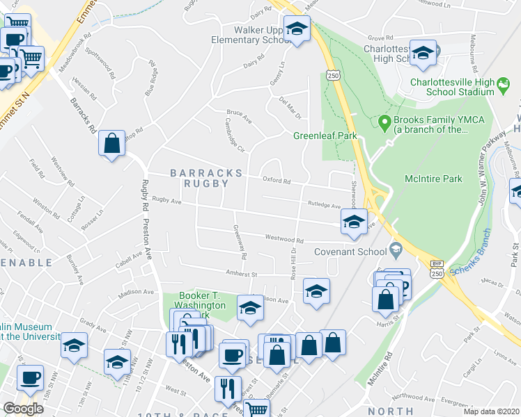 map of restaurants, bars, coffee shops, grocery stores, and more near 1525 Rugby Avenue in Charlottesville