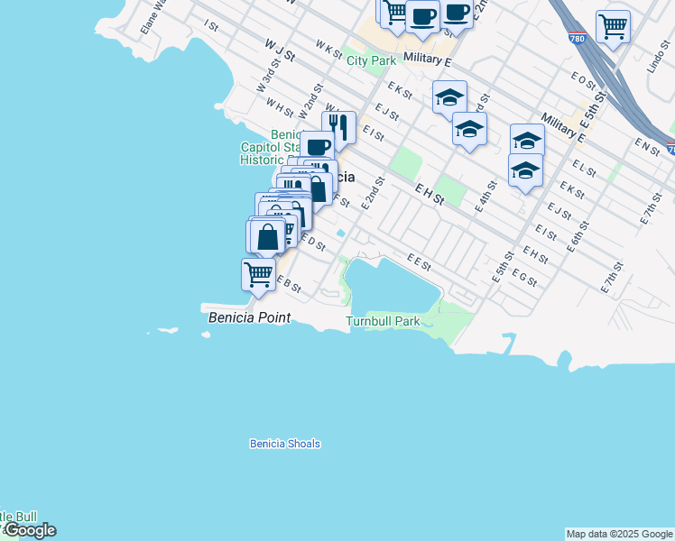 map of restaurants, bars, coffee shops, grocery stores, and more near 352 East 2nd Street in Benicia