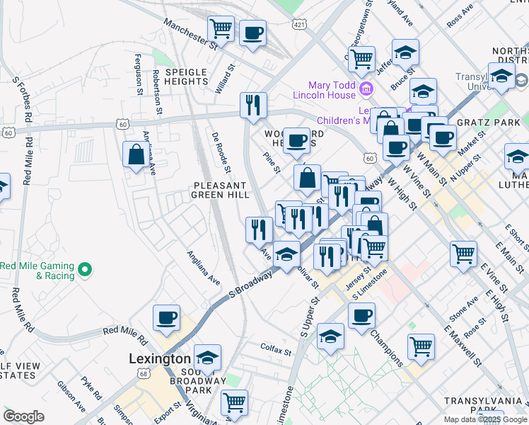 map of restaurants, bars, coffee shops, grocery stores, and more near 565 Patterson Street in Lexington