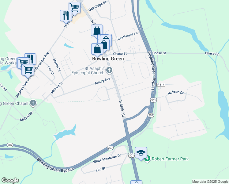 map of restaurants, bars, coffee shops, grocery stores, and more near 160 South Main Street in Bowling Green