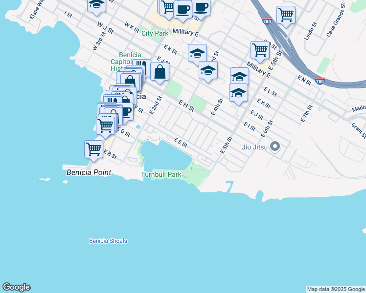 map of restaurants, bars, coffee shops, grocery stores, and more near 362 East E Street in Benicia