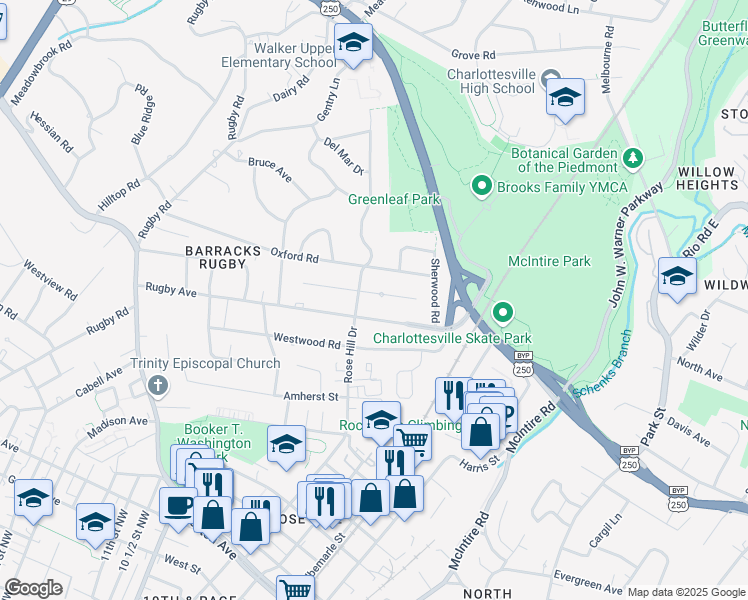map of restaurants, bars, coffee shops, grocery stores, and more near 1452 Rutledge Avenue in Charlottesville
