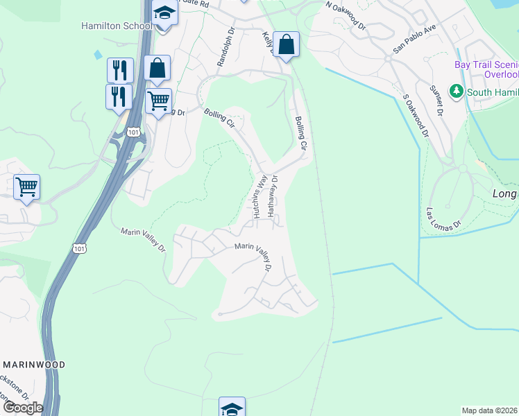 map of restaurants, bars, coffee shops, grocery stores, and more near 2 Muroc Lake Drive in Novato