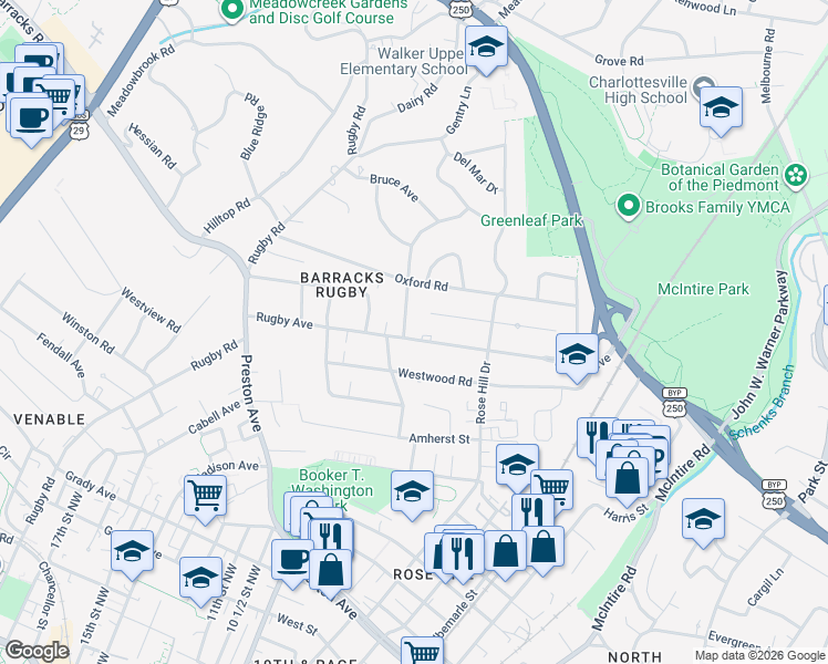 map of restaurants, bars, coffee shops, grocery stores, and more near 1525 Rugby Avenue in Charlottesville