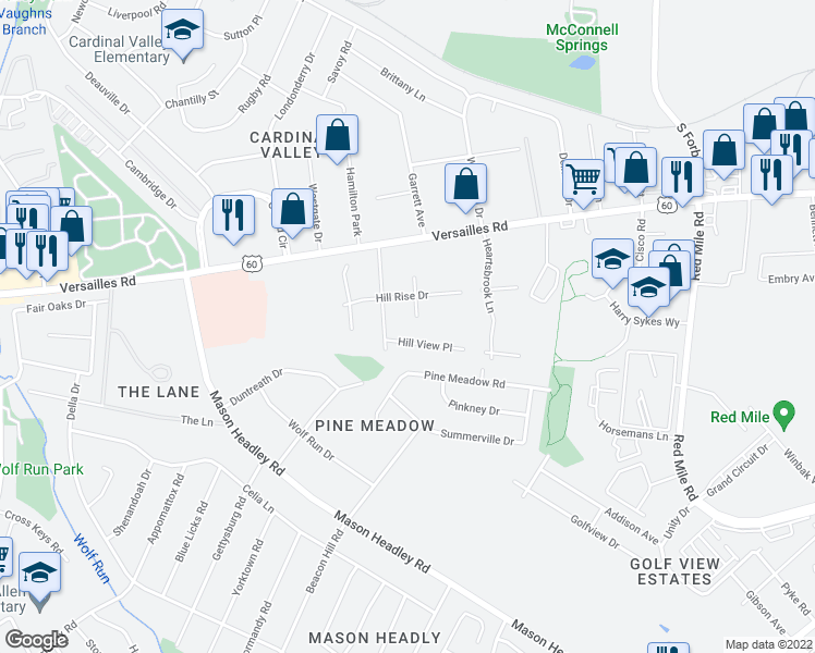 map of restaurants, bars, coffee shops, grocery stores, and more near 730 Hill Rise Court in Lexington