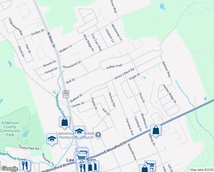 map of restaurants, bars, coffee shops, grocery stores, and more near 181 Hickory Road in Lawrenceburg