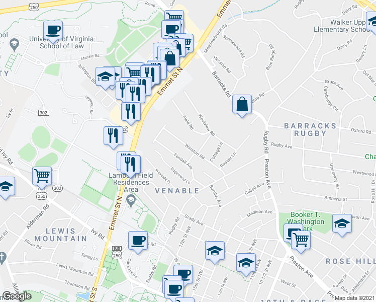 map of restaurants, bars, coffee shops, grocery stores, and more near 1840 Winston Road in Charlottesville