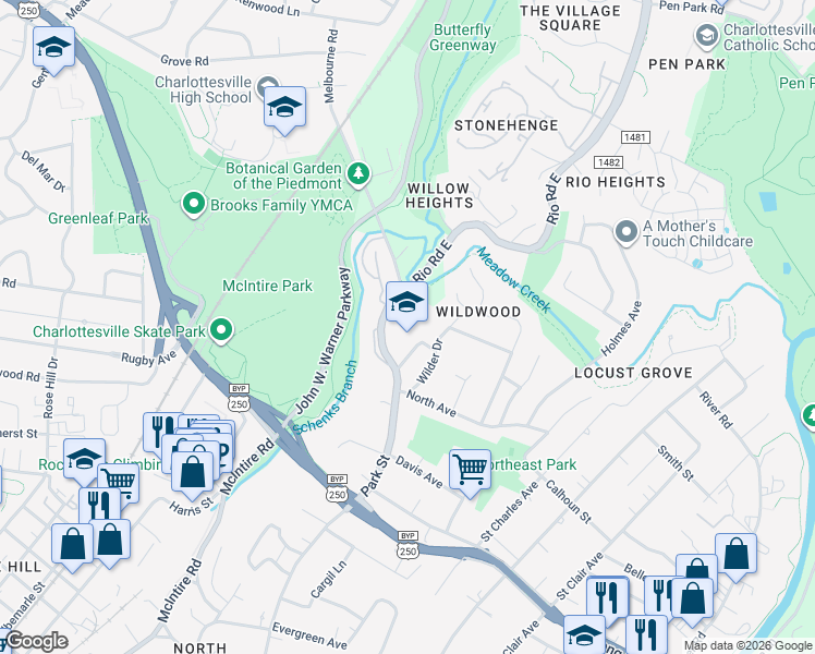 map of restaurants, bars, coffee shops, grocery stores, and more near 1200 Park Street in Charlottesville