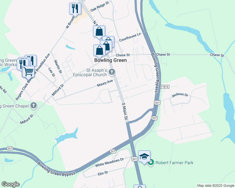 map of restaurants, bars, coffee shops, grocery stores, and more near 160 South Main Street in Bowling Green