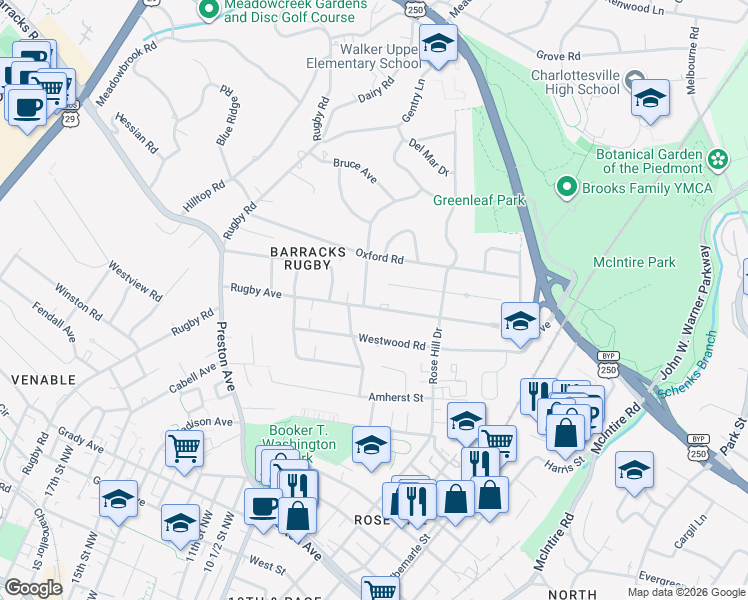 map of restaurants, bars, coffee shops, grocery stores, and more near 1525 Rugby Avenue in Charlottesville