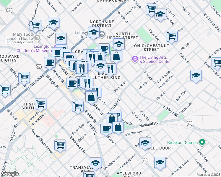 map of restaurants, bars, coffee shops, grocery stores, and more near 221 Corral Street in Lexington