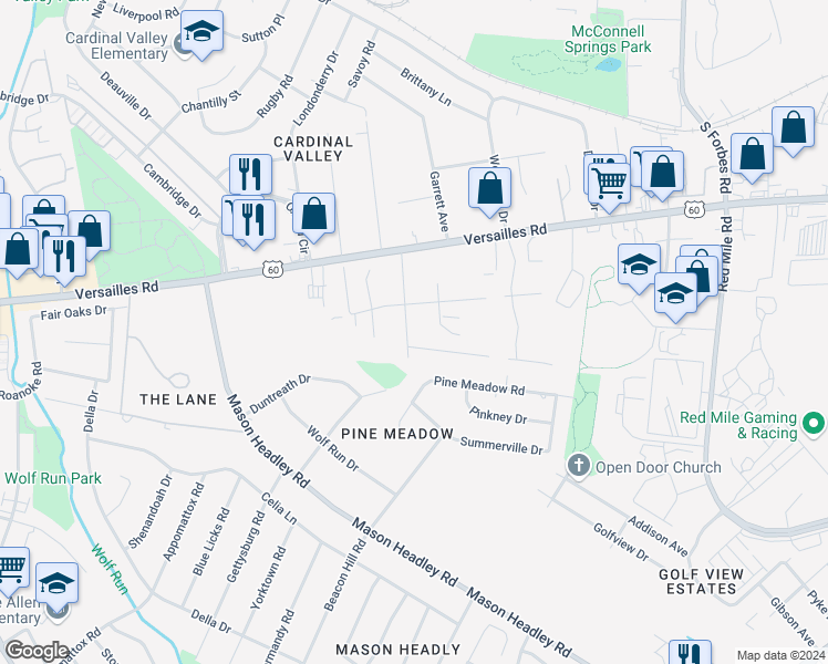 map of restaurants, bars, coffee shops, grocery stores, and more near 736 Terrace View Drive in Lexington