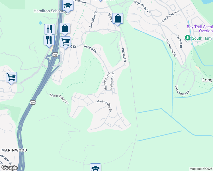 map of restaurants, bars, coffee shops, grocery stores, and more near 5 Hutchins Way in Novato