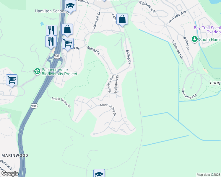 map of restaurants, bars, coffee shops, grocery stores, and more near 5 Hutchins Way in Novato