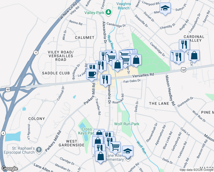 map of restaurants, bars, coffee shops, grocery stores, and more near 1489 Alexandria Drive in Lexington