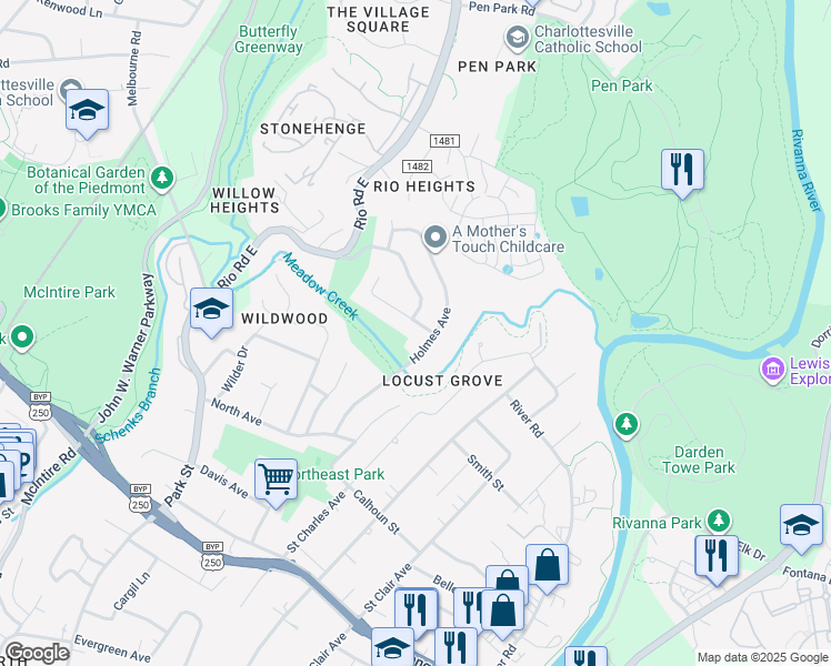 map of restaurants, bars, coffee shops, grocery stores, and more near 704 Elizabeth Avenue in Charlottesville