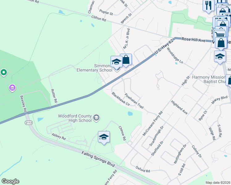 map of restaurants, bars, coffee shops, grocery stores, and more near 402 Keokuk Court in Versailles