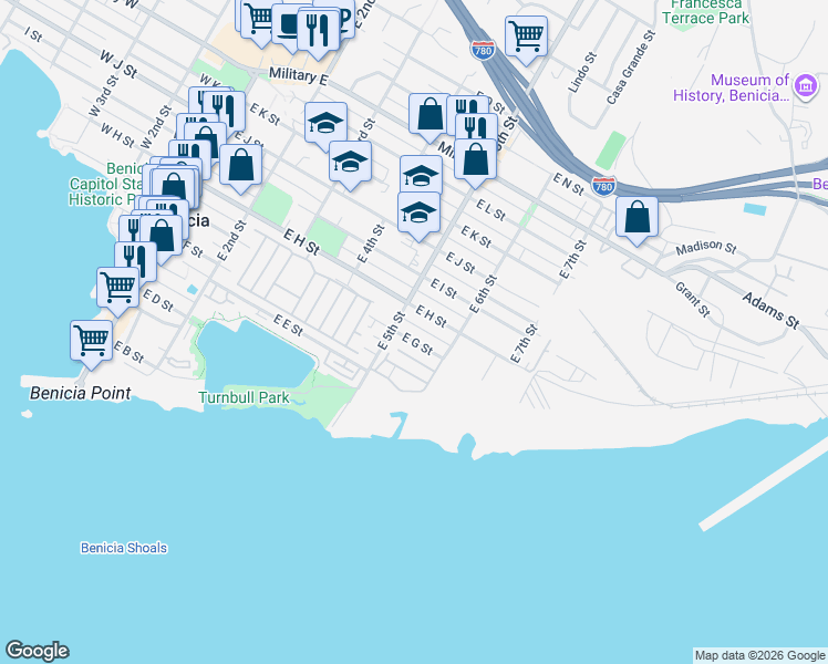 map of restaurants, bars, coffee shops, grocery stores, and more near 535 East G Street in Benicia
