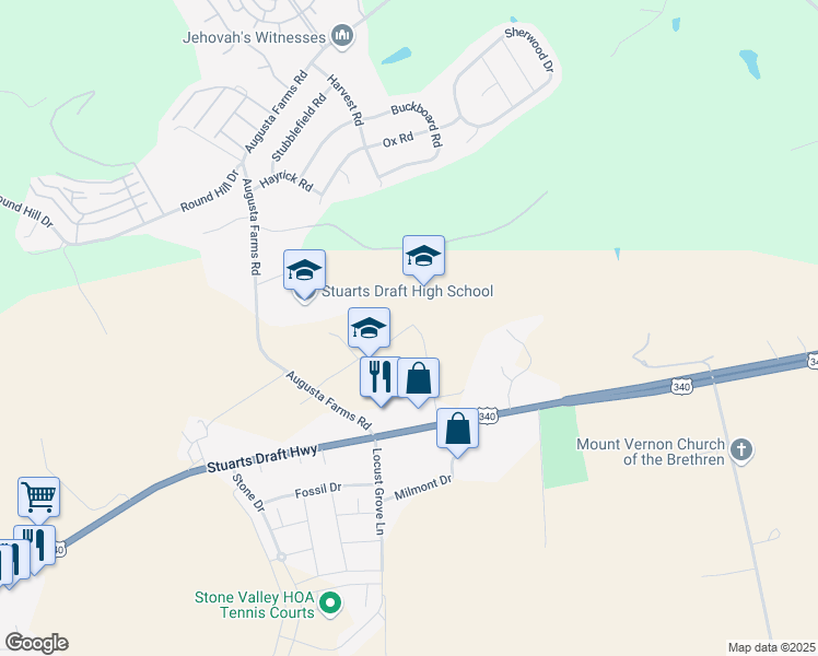 map of restaurants, bars, coffee shops, grocery stores, and more near 63 School Boulevard in Stuarts Draft