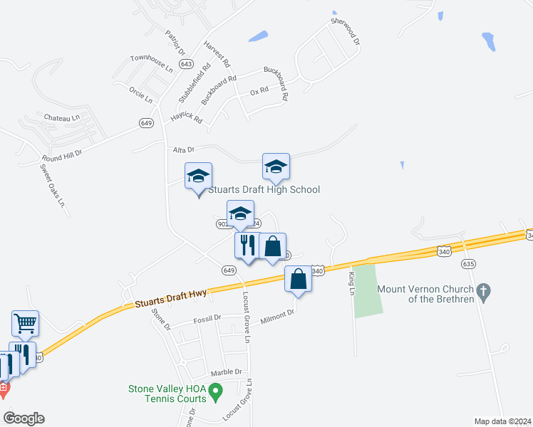 map of restaurants, bars, coffee shops, grocery stores, and more near 63 School Road in Stuarts Draft