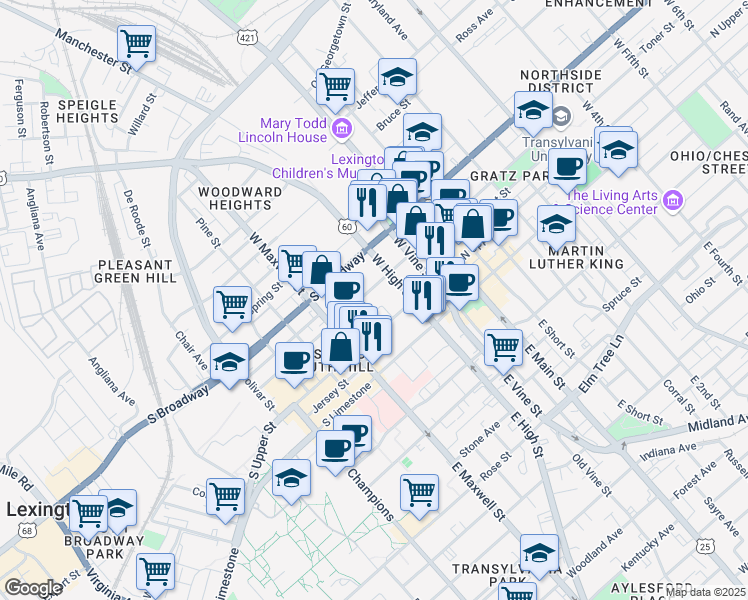 map of restaurants, bars, coffee shops, grocery stores, and more near 330 South Mill Street in Lexington