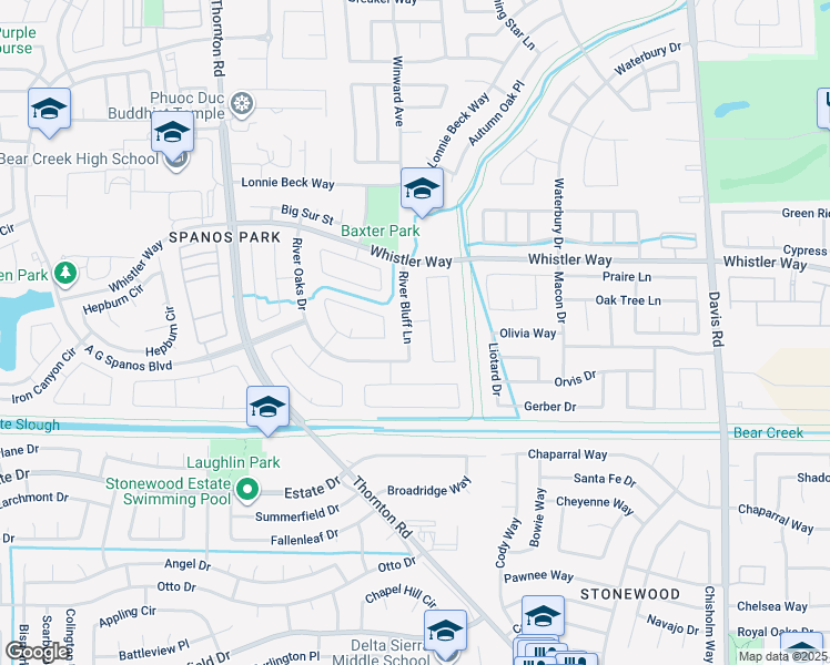 map of restaurants, bars, coffee shops, grocery stores, and more near 10062 River Bluff Lane in Stockton
