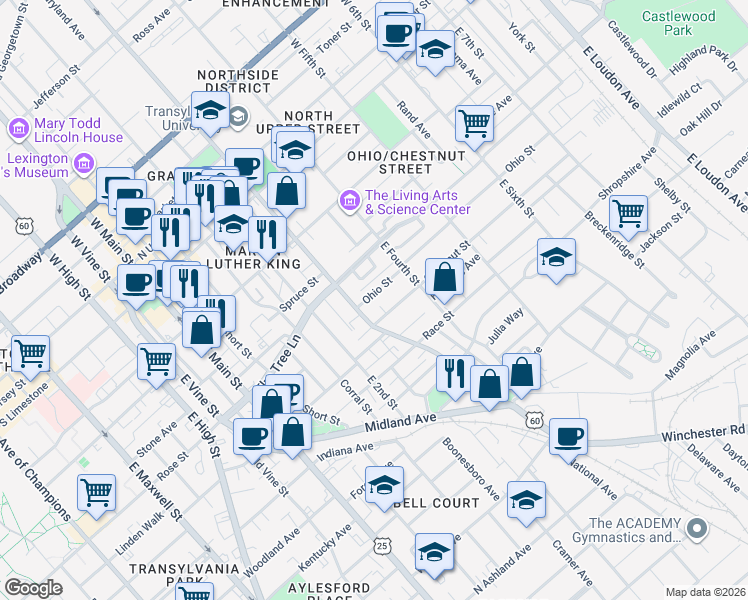 map of restaurants, bars, coffee shops, grocery stores, and more near 320 Ohio Street in Lexington