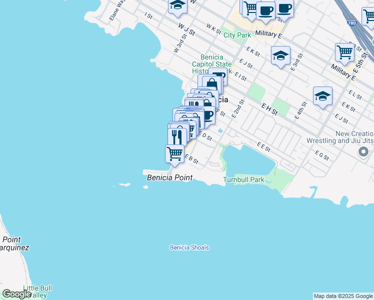 map of restaurants, bars, coffee shops, grocery stores, and more near 226 1st Street in Benicia