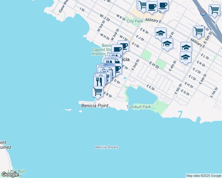 map of restaurants, bars, coffee shops, grocery stores, and more near 254 Marina Village Way in Benicia
