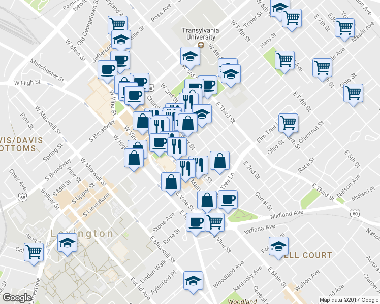 map of restaurants, bars, coffee shops, grocery stores, and more near 151 N Martin Luther King Blvd in Lexington