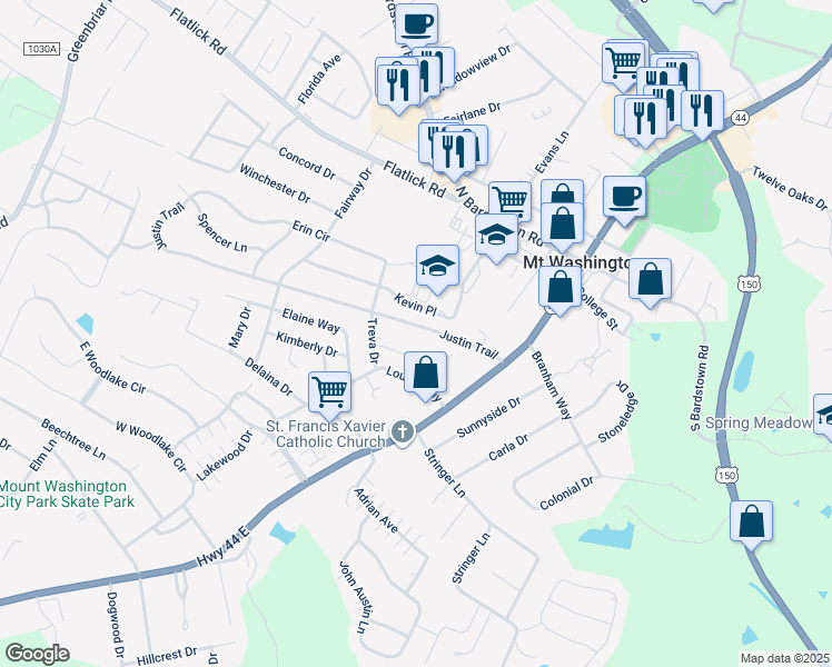 map of restaurants, bars, coffee shops, grocery stores, and more near 289 Justin Trail in Mount Washington