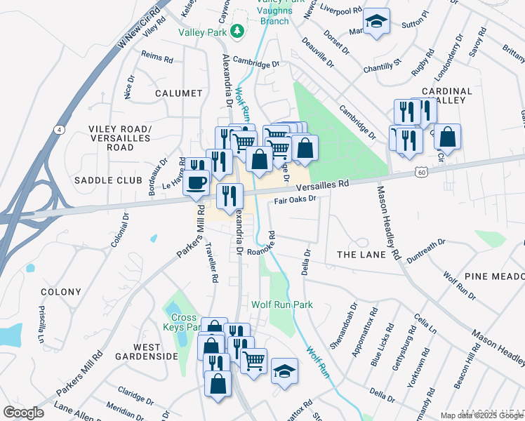 map of restaurants, bars, coffee shops, grocery stores, and more near 1504 Roanoke Road in Lexington