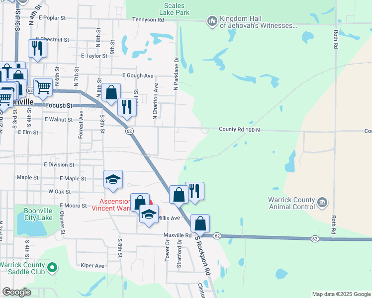map of restaurants, bars, coffee shops, grocery stores, and more near 1420 Brimm Street in Boonville