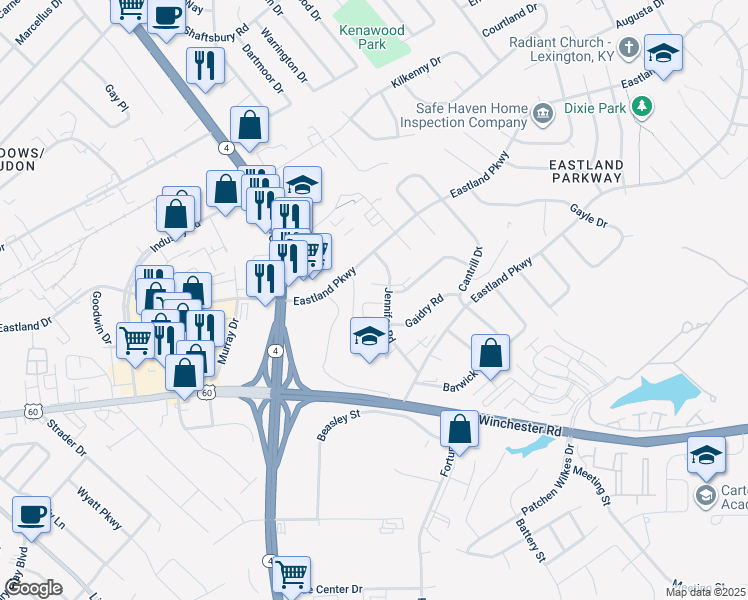 map of restaurants, bars, coffee shops, grocery stores, and more near 1624 Jennifer Road in Lexington