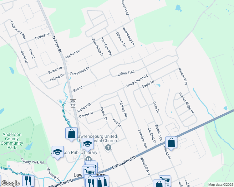 map of restaurants, bars, coffee shops, grocery stores, and more near 181 Hickory Road in Lawrenceburg