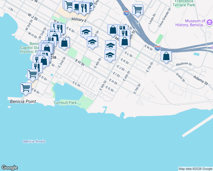 map of restaurants, bars, coffee shops, grocery stores, and more near 535 East G Street in Benicia