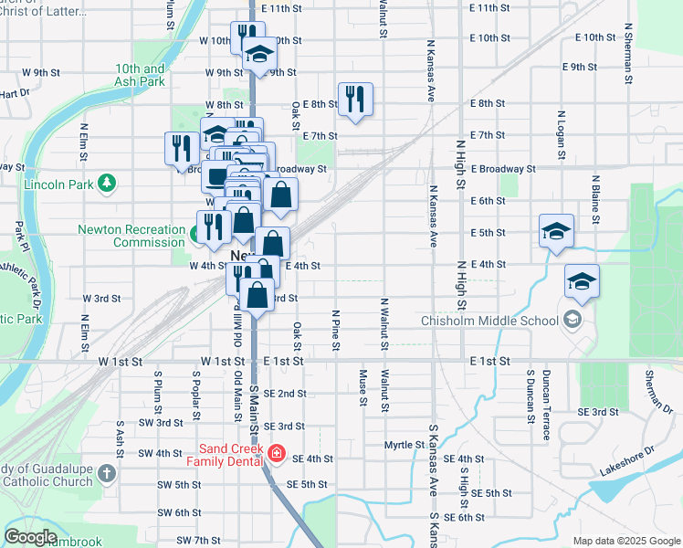 map of restaurants, bars, coffee shops, grocery stores, and more near 301 East 4th Street in Newton