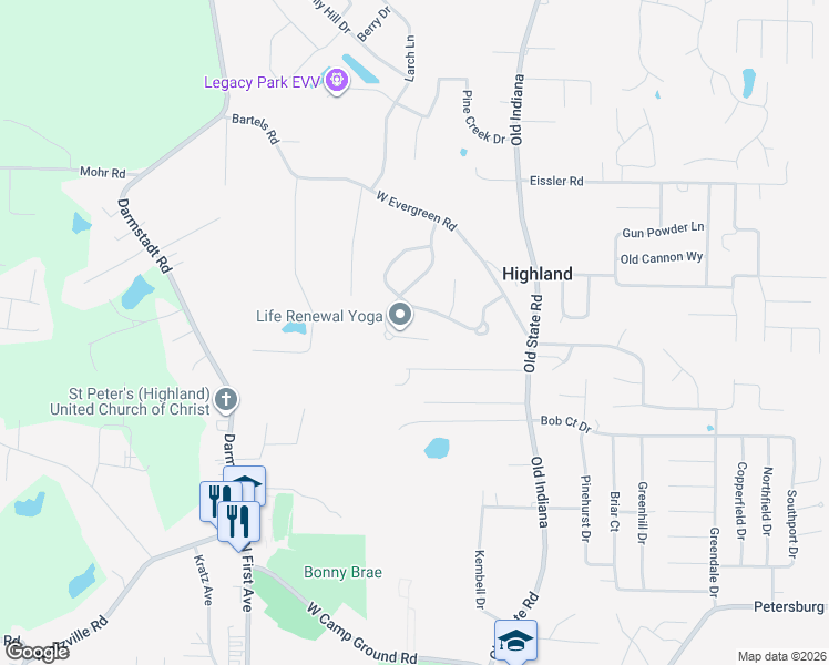 map of restaurants, bars, coffee shops, grocery stores, and more near 7501 Meadowview Drive in Evansville