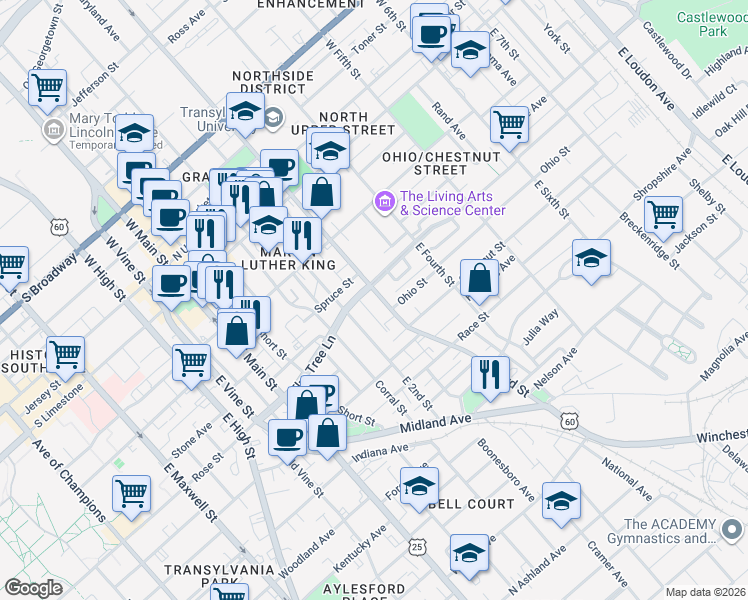 map of restaurants, bars, coffee shops, grocery stores, and more near 310 East Third Street in Lexington