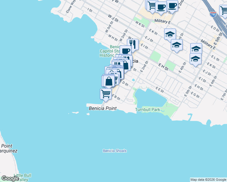 map of restaurants, bars, coffee shops, grocery stores, and more near 127 1st Street in Benicia