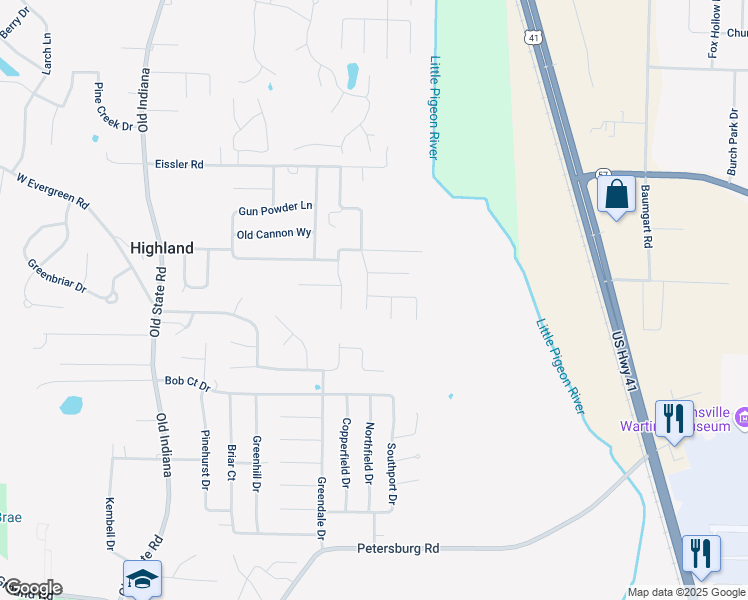map of restaurants, bars, coffee shops, grocery stores, and more near 7401 Miranda Dr in Evansville