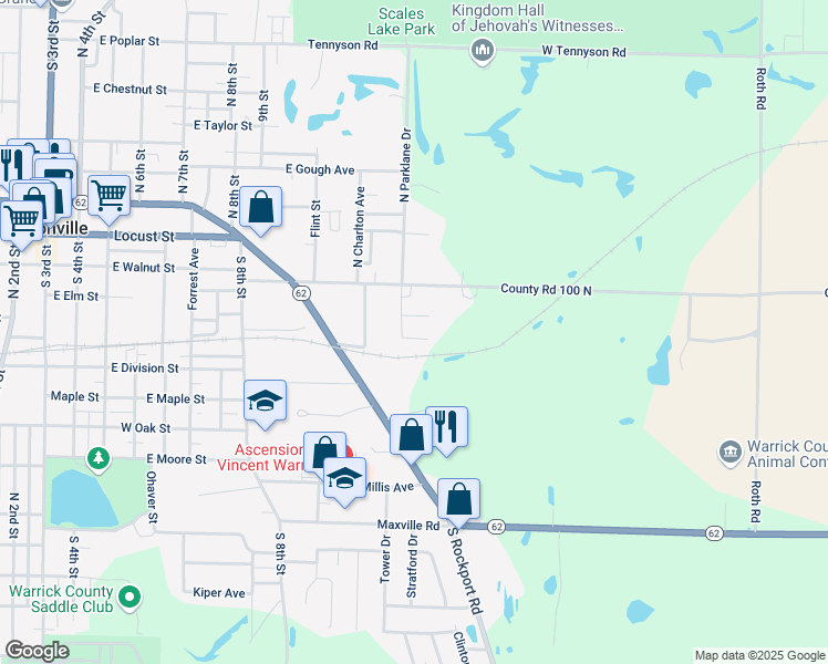 map of restaurants, bars, coffee shops, grocery stores, and more near 1410 Brimm Street in Boonville