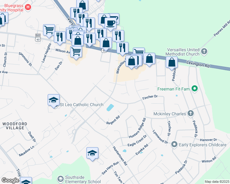 map of restaurants, bars, coffee shops, grocery stores, and more near 431 Marsailles Road in Versailles