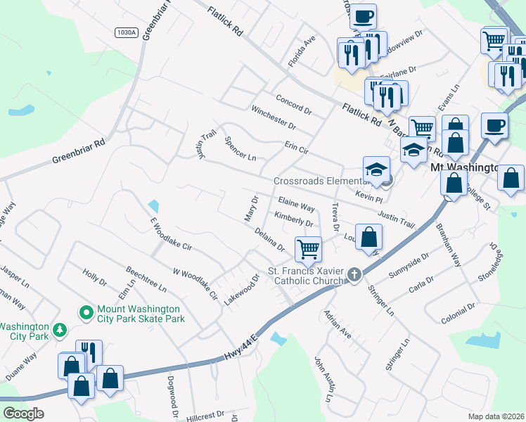 map of restaurants, bars, coffee shops, grocery stores, and more near 167 Emily Drive in Mount Washington