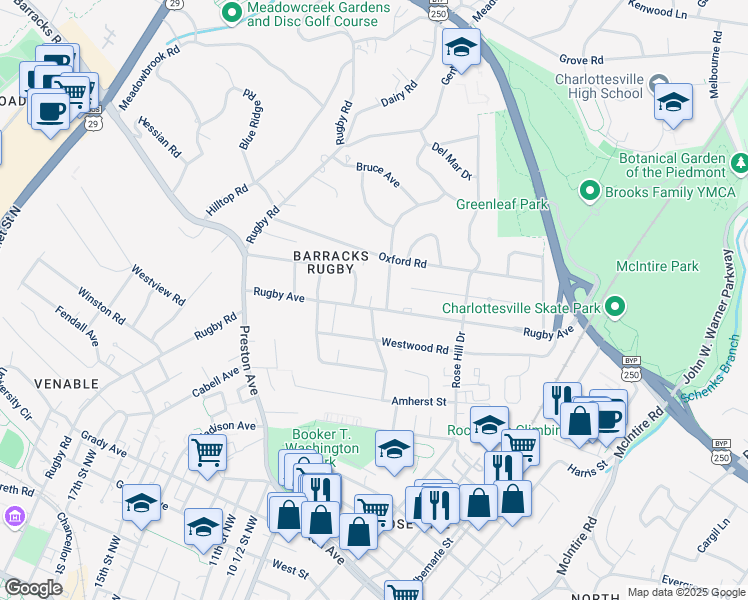 map of restaurants, bars, coffee shops, grocery stores, and more near 1543 Rugby Avenue in Charlottesville