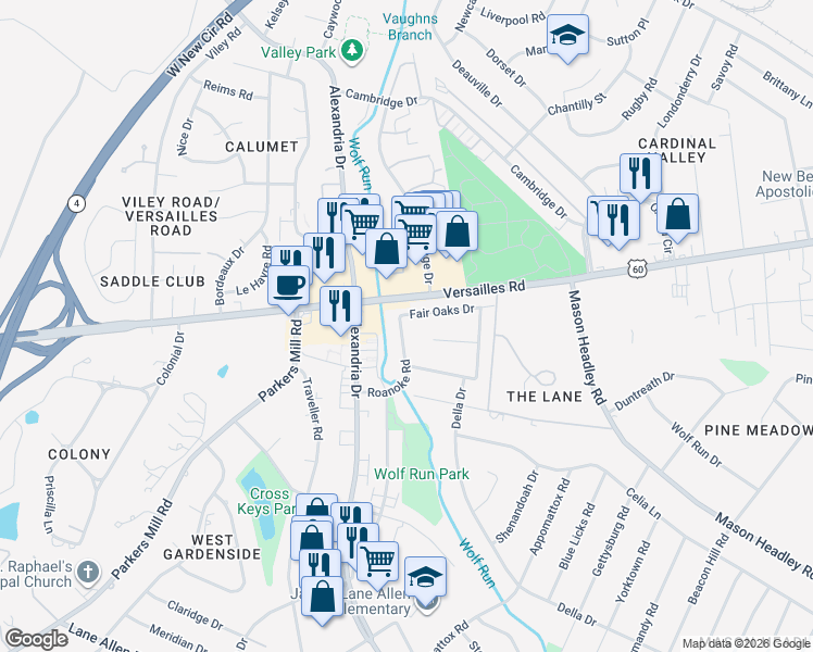 map of restaurants, bars, coffee shops, grocery stores, and more near 1504 Roanoke Road in Lexington